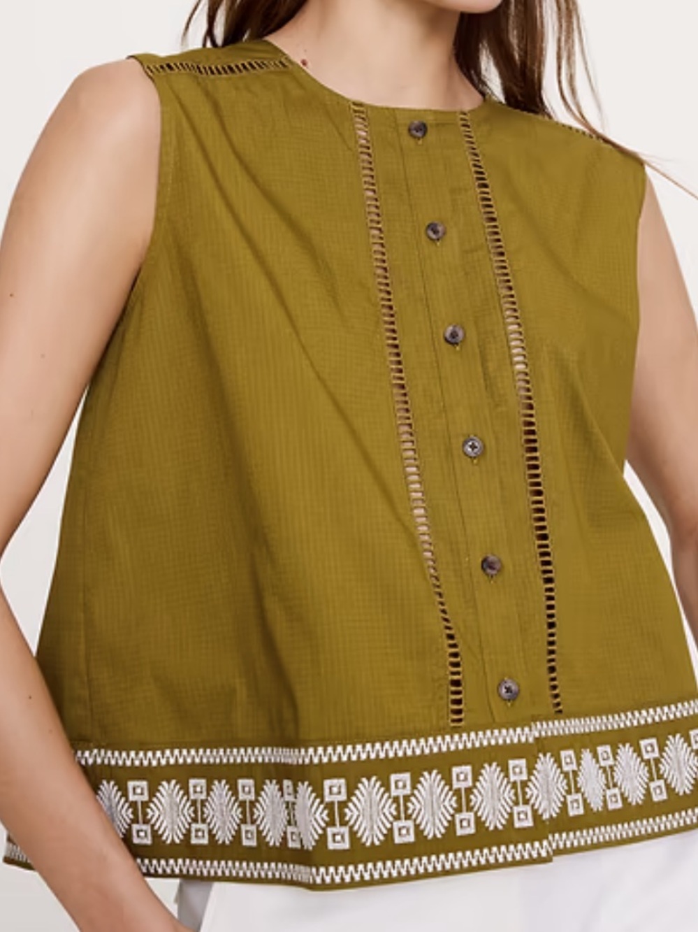Banana Republic Olive Green Embroidered Sleeveless Button-Front Top